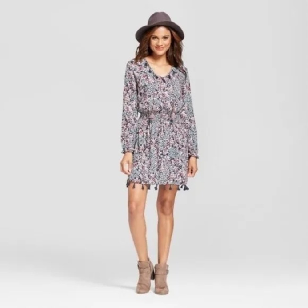 Knox Rose Floral Print Casual Long Sleeve Dress with Tassels
